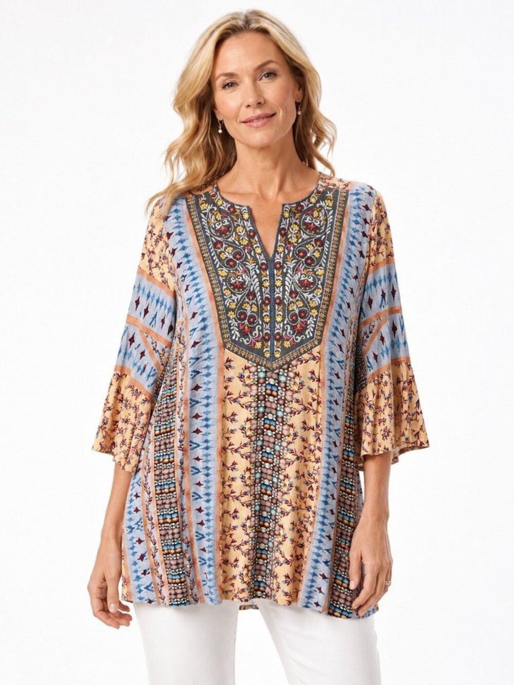 SOFT SURROUNDINGS shirt top tunic LARGE 3/4 length embroidered boho hippie
